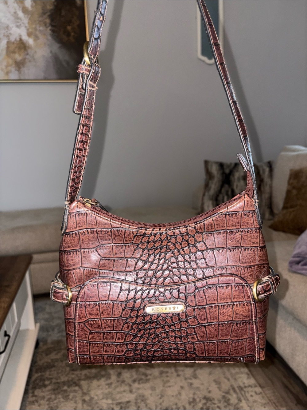 Rosetti Brown Croc-Embossed Shoulder Bag with Gold-Tone Accents